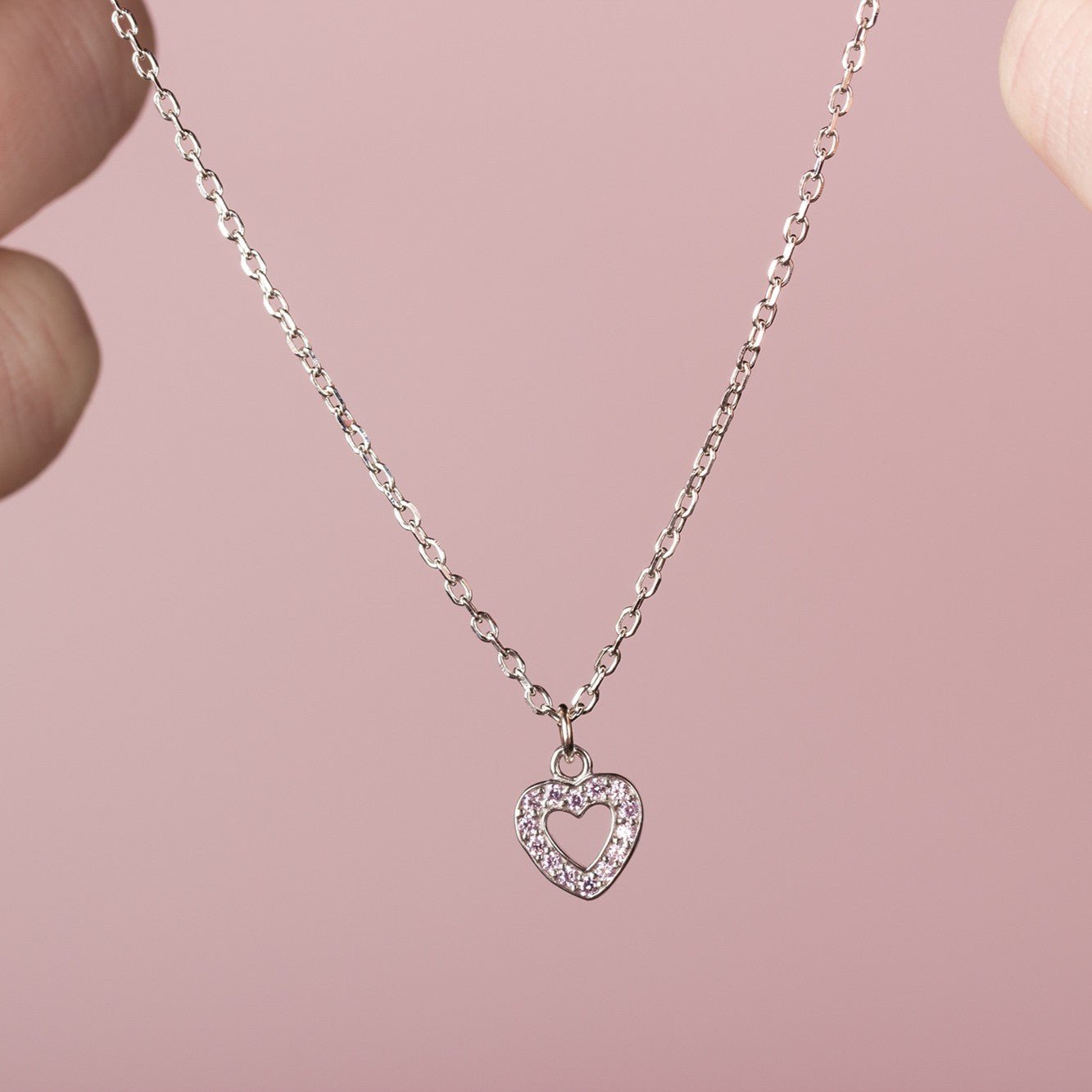 Pink Crystal Heart Necklace - Sterling Silver - MYLEE London