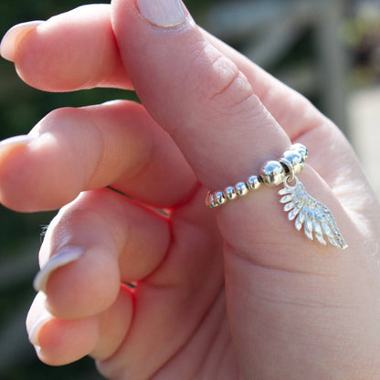 Angel Wing on Silver Ball Bead Ring - MYLEE London