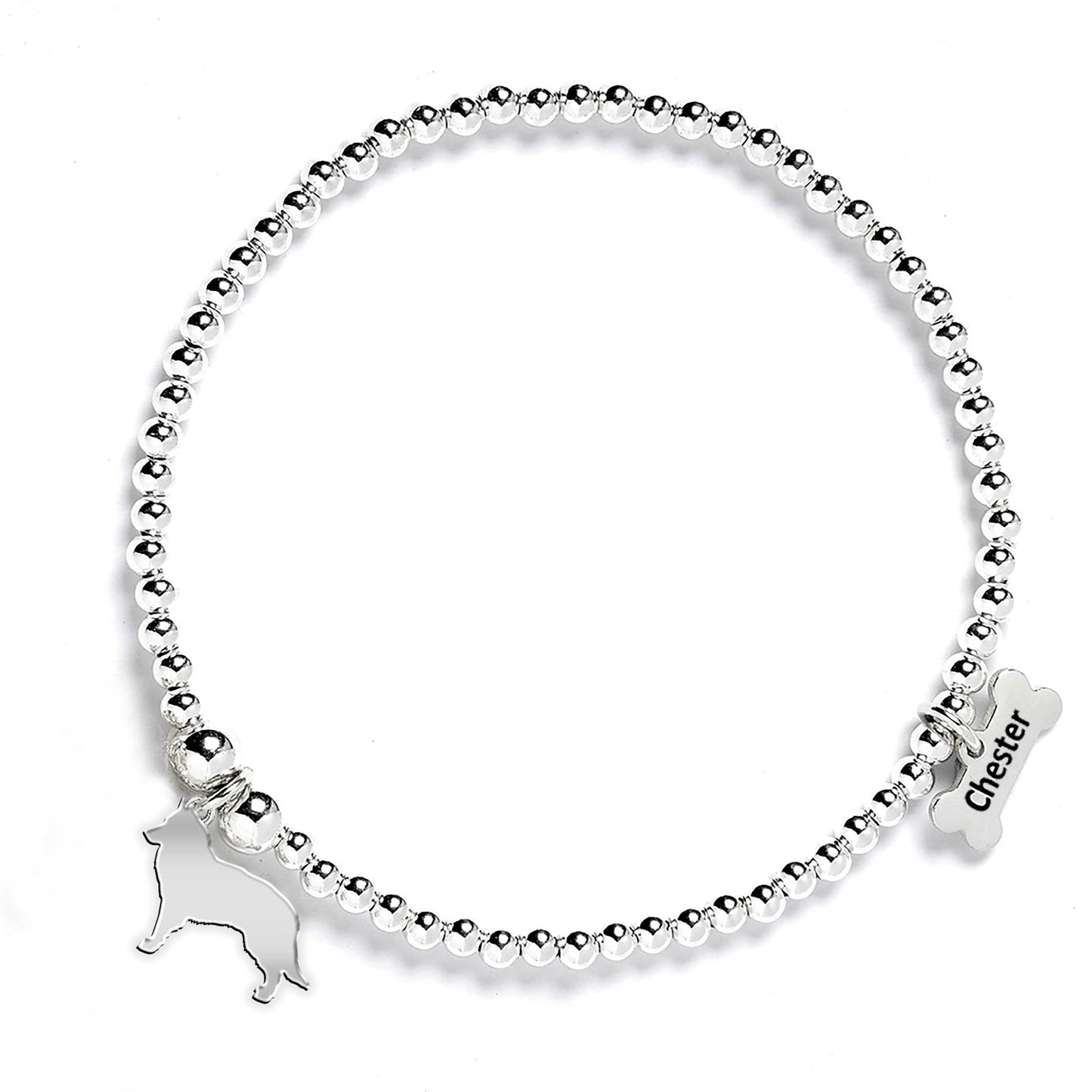 Belgian Shepherd (Tervueren) Silhouette Silver Ball Bead Bracelet - Personalised - MYLEE London