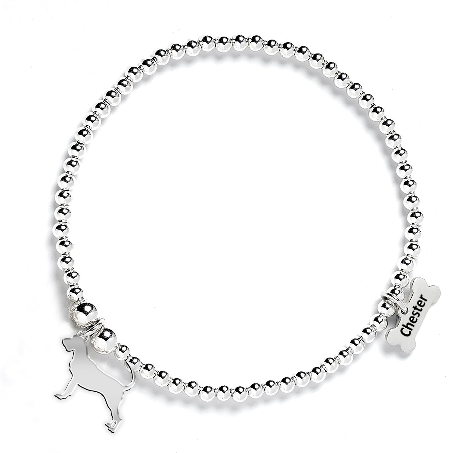 Bloodhound Silhouette Silver Ball Bead Bracelet - Personalised - MYLEE London