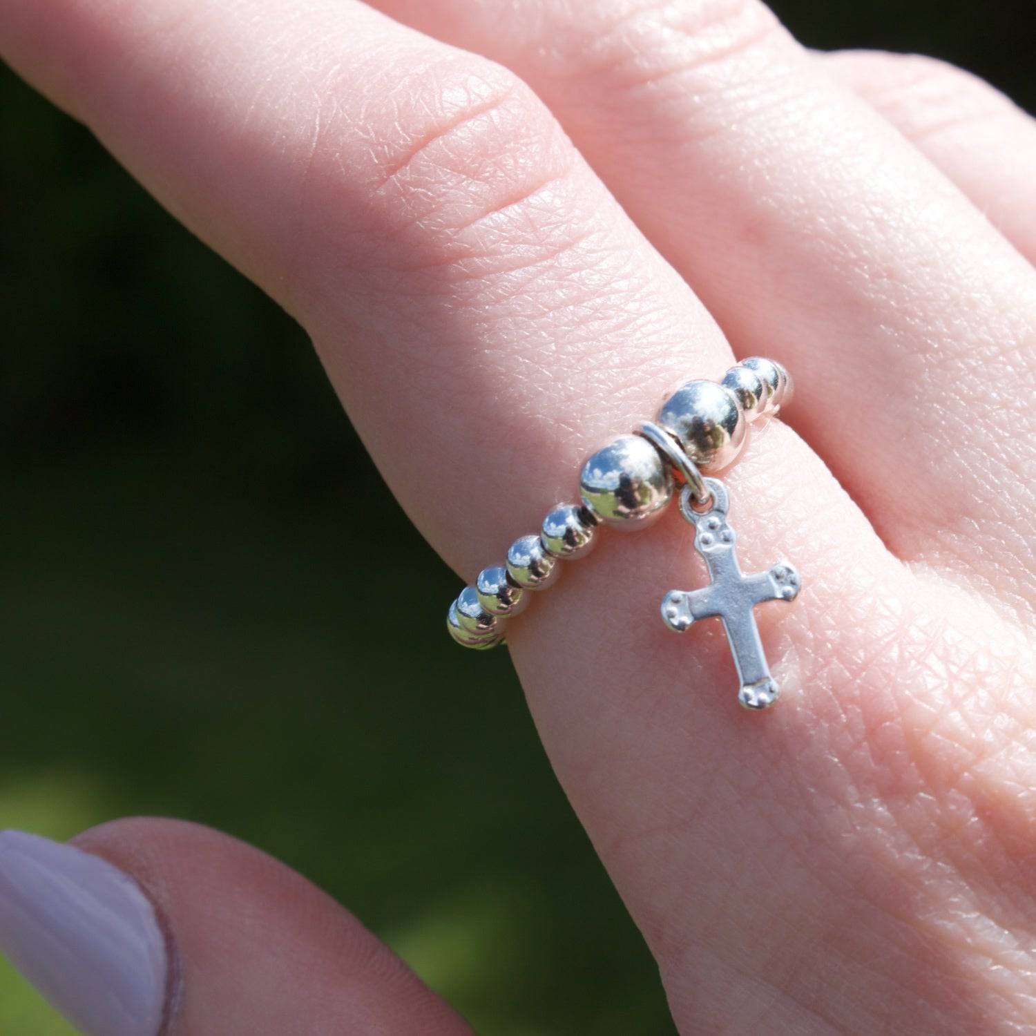 Cross on Silver Ball Bead Ring - MYLEE London