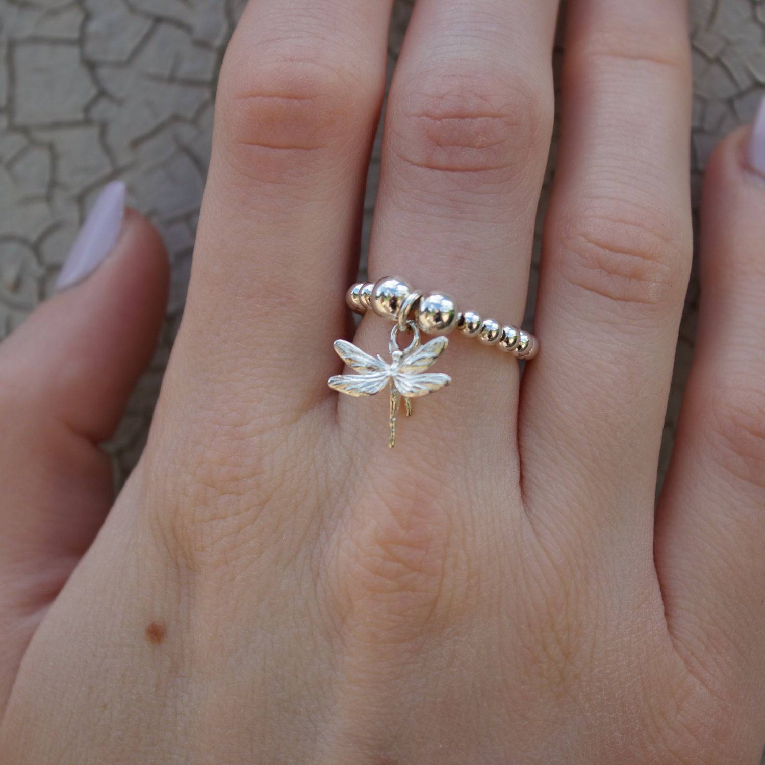 Dragonfly on Silver Ball Bead Ring - MYLEE London