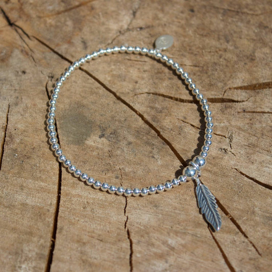 Feather on Silver Ball Bead Bracelet - MYLEE London