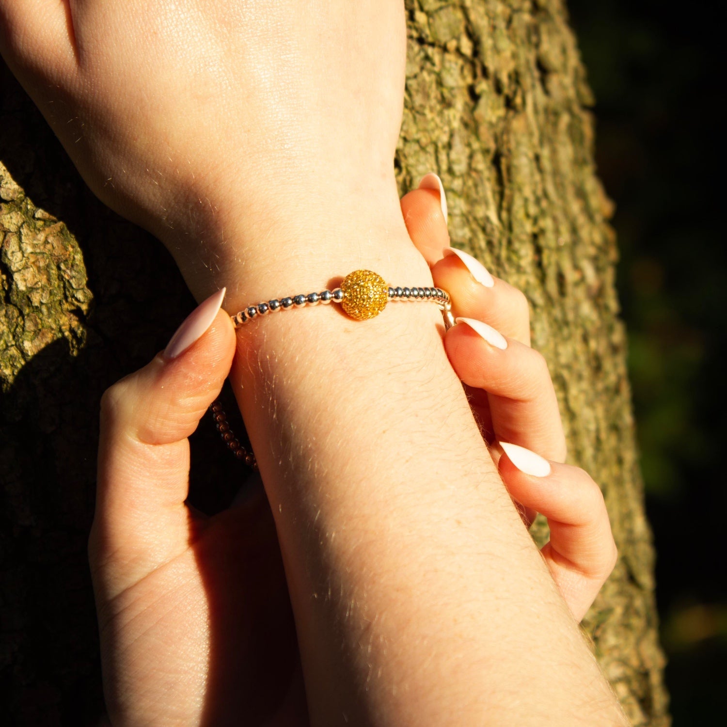 Gold Crystal Bead On Sterling Silver Ball Bead Bracelet - MYLEE London