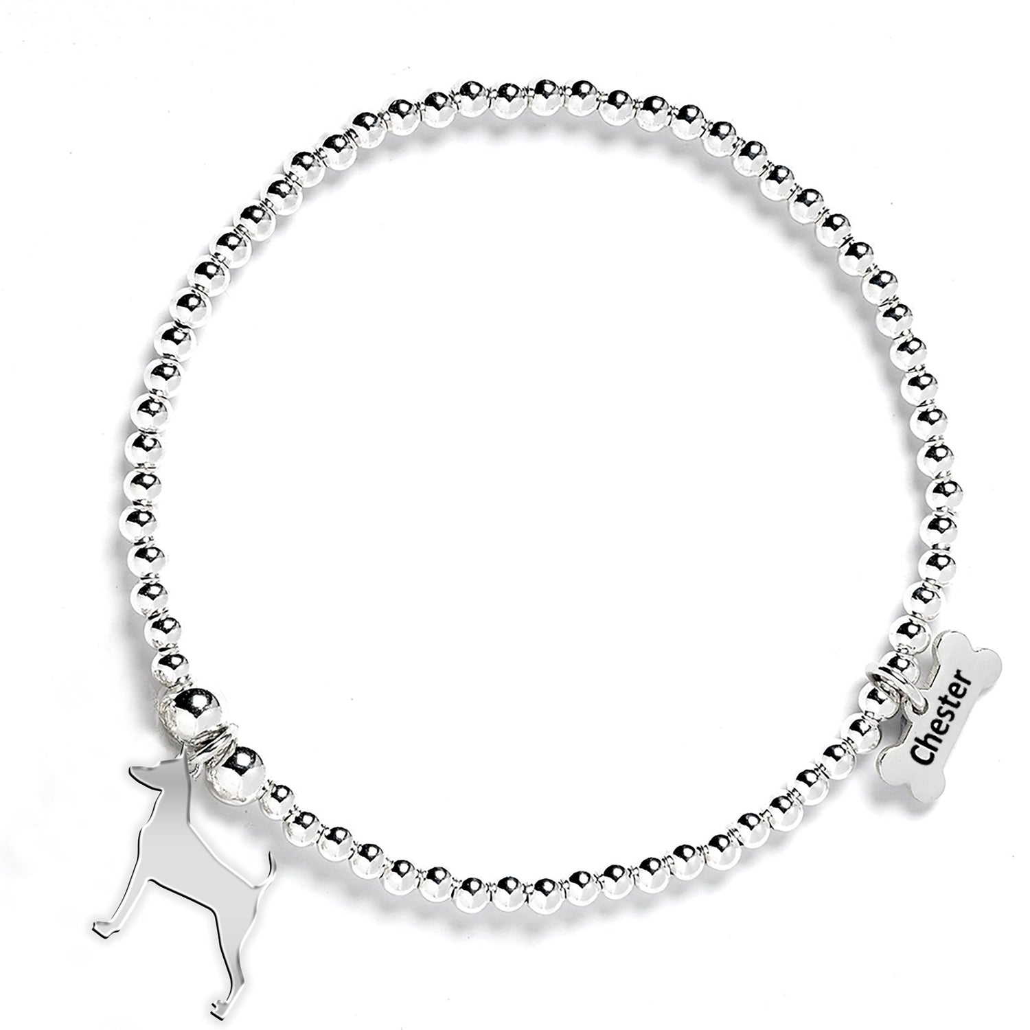 Miniature Pinscher Silhouette Silver Ball Bead Bracelet - Personalised - MYLEE London