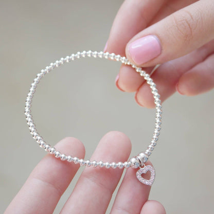 Pink Crystal Heart on Silver Ball Bead Bracelet - MYLEE London