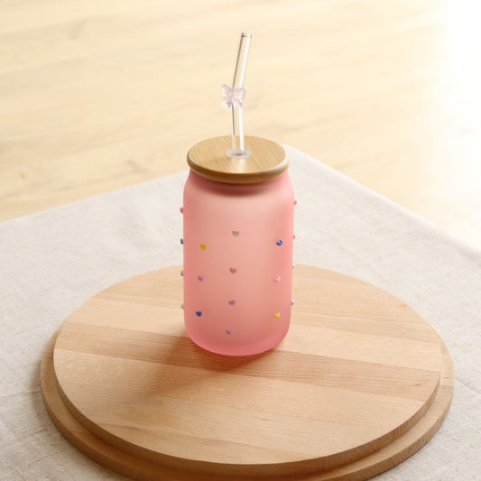 Pink Frosted Multicoloured Heart Jar with Wooden Lid and Pink Bow Straw - MYLEE London