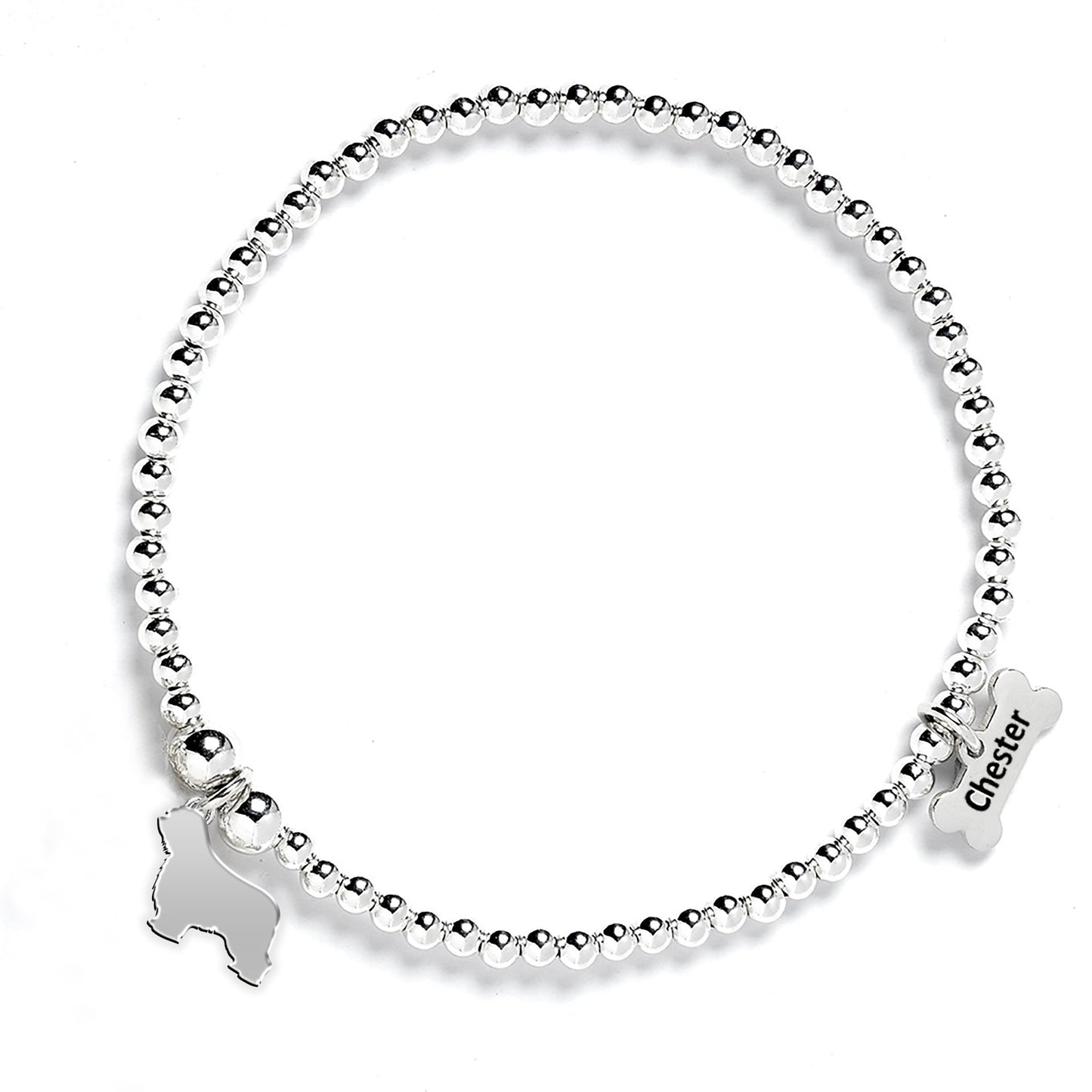 Polish Lowland Sheepdog Silhouette Silver Ball Bead Bracelet - Personalised - MYLEE London