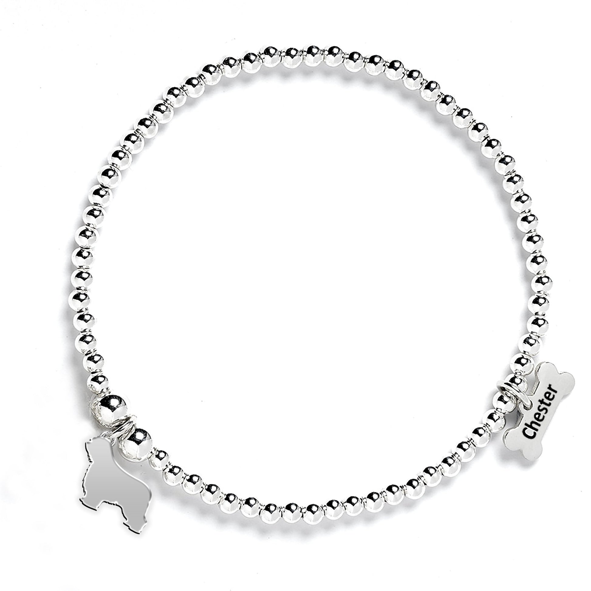 Polish Lowland Sheepdog Silhouette Silver Ball Bead Bracelet - Personalised - MYLEE London