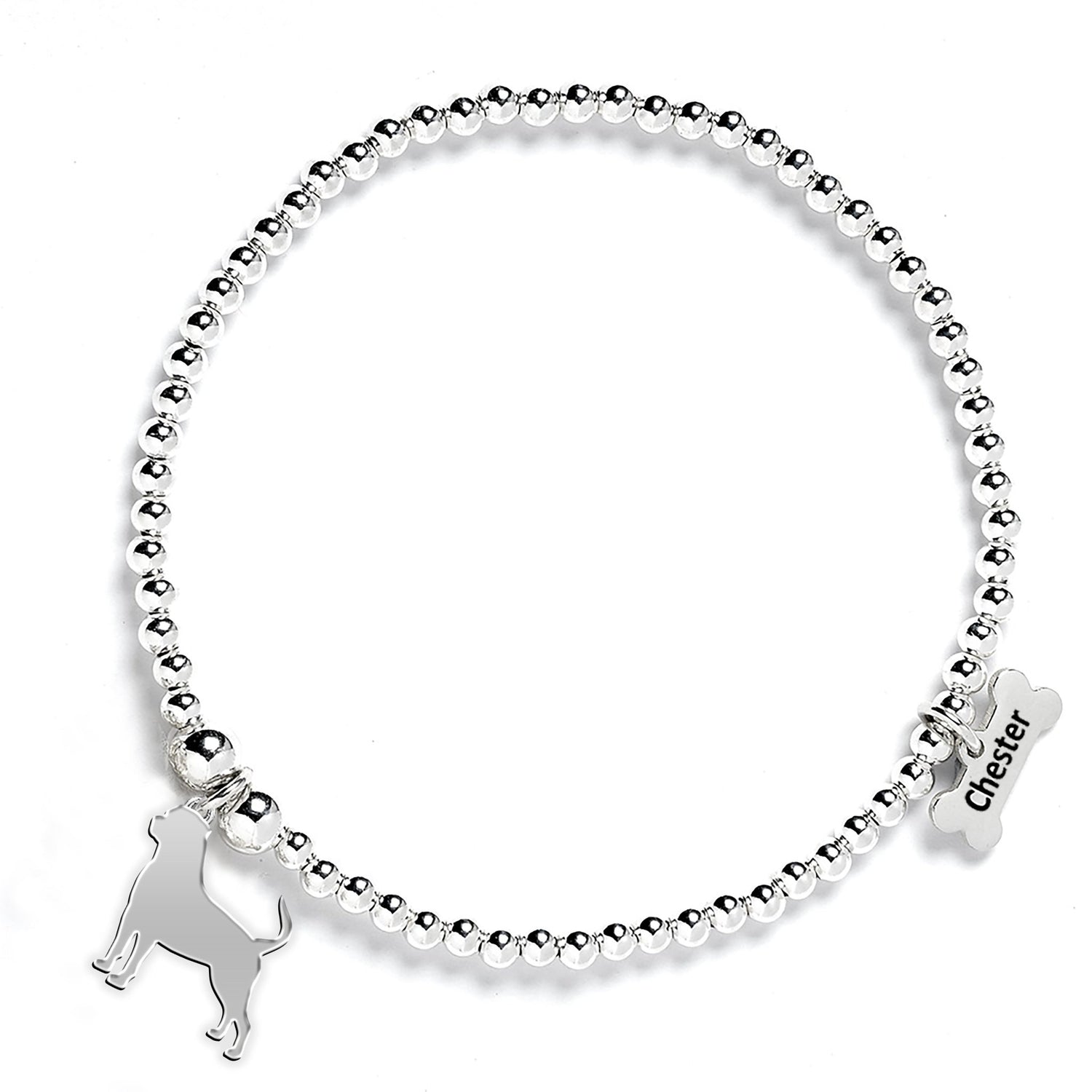 Rottweiler Silhouette Silver Ball Bead Bracelet - Personalised - MYLEE London