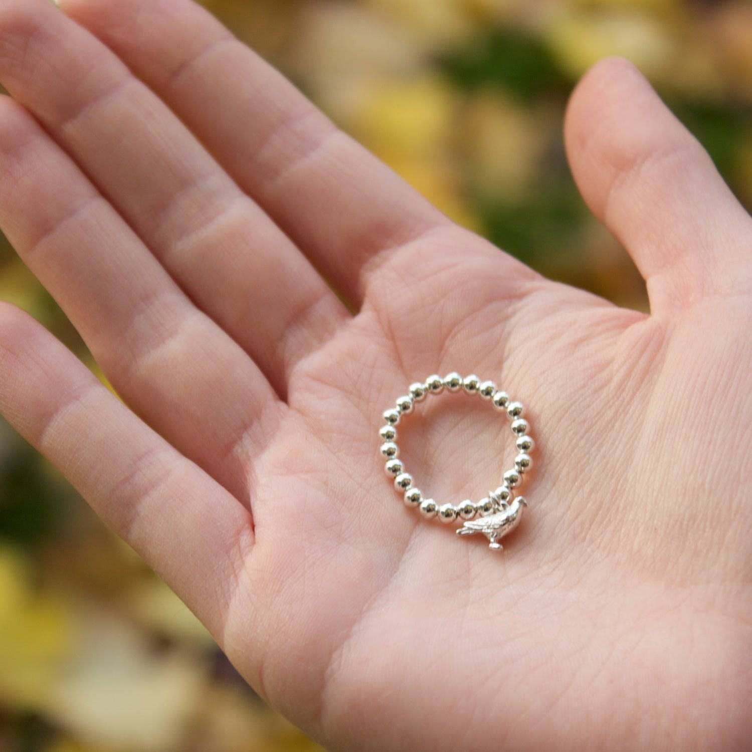 Sterling Silver Ball Bead Ring With Homing Pigeon Charm - MYLEE London