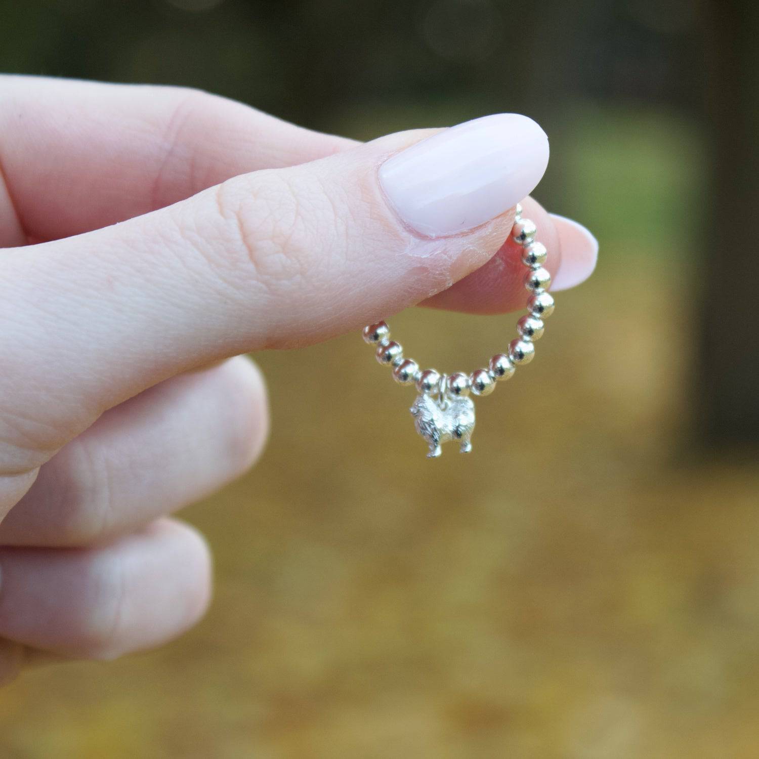 Sterling Silver Ball Bead Ring With Pomeranian Charm - MYLEE London