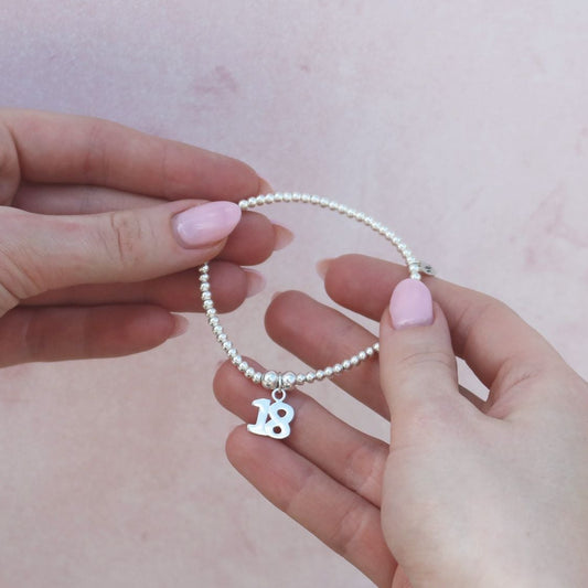 Number 18 on Silver Ball Bead Bracelet